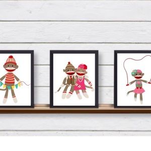Set of 3 Sock Monkey UNFRAMED Wall Art Prints for Children's Bedroom Boy or Girl